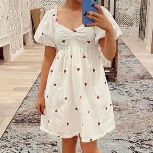 Altar'd State Dress Cherry Poplin White Puff-Sleeve Mini Dress
